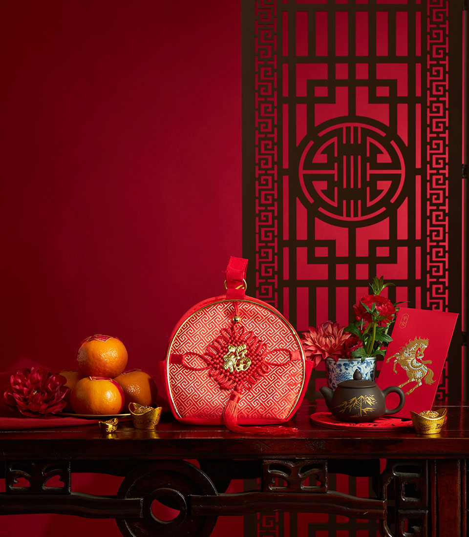 Chinese New Year wealth oranges gift bag in red fabric
