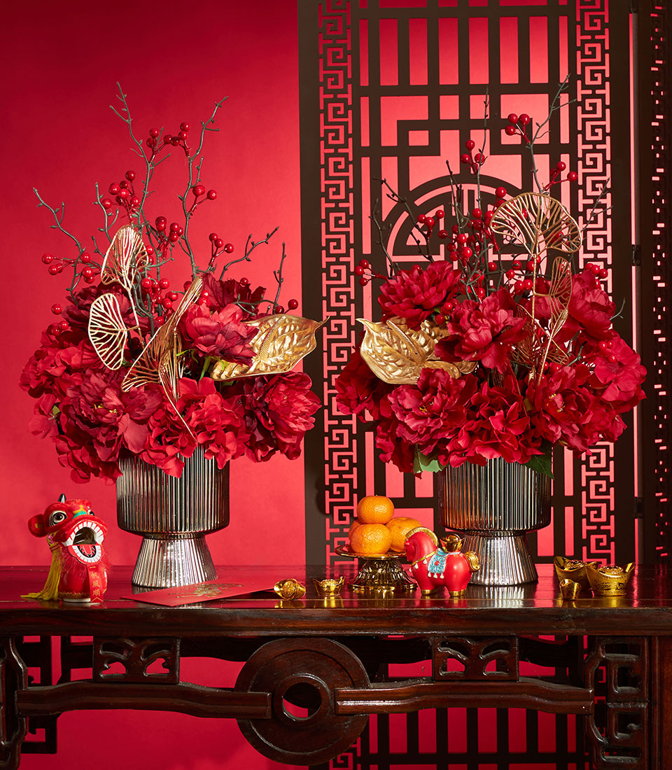 Chinese New Year red and gold artificial flower vase arrangement for festive decor