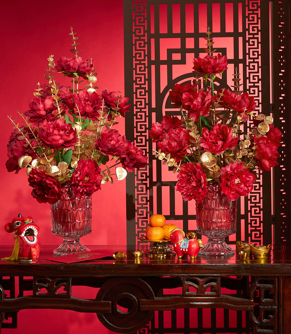 Chinese New Year red and gold artificial flower vase arrangement for festive decor