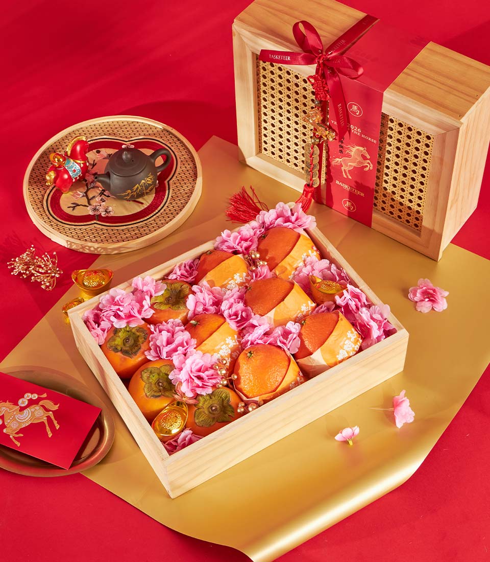 Chinese New Year premium Japanese Ehime oranges and persimmon wooden gift box