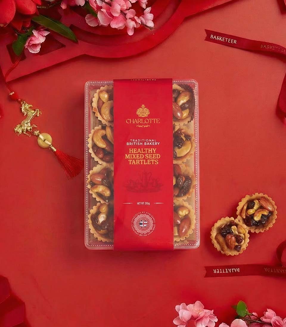 Charlotte Healthy Mixed Seed Tartlets in Chinese New Year red gift box with festive decorations