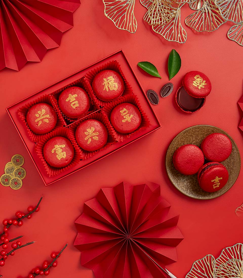 Fortune blessing chocolate macarons Chinese New Year gift box in red theme