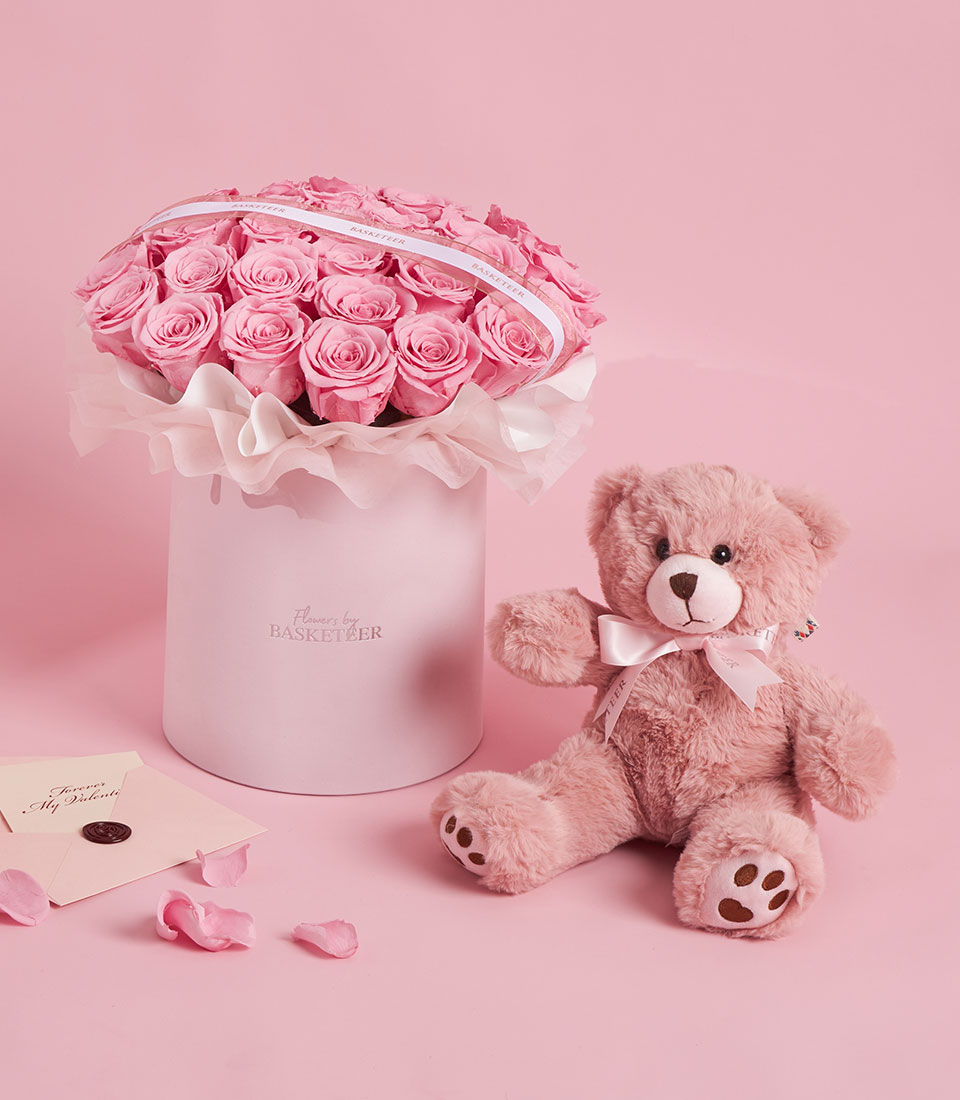 Deluxe pink preserved roses in a round Valentine box with teddy bear, Bangkok delivery
