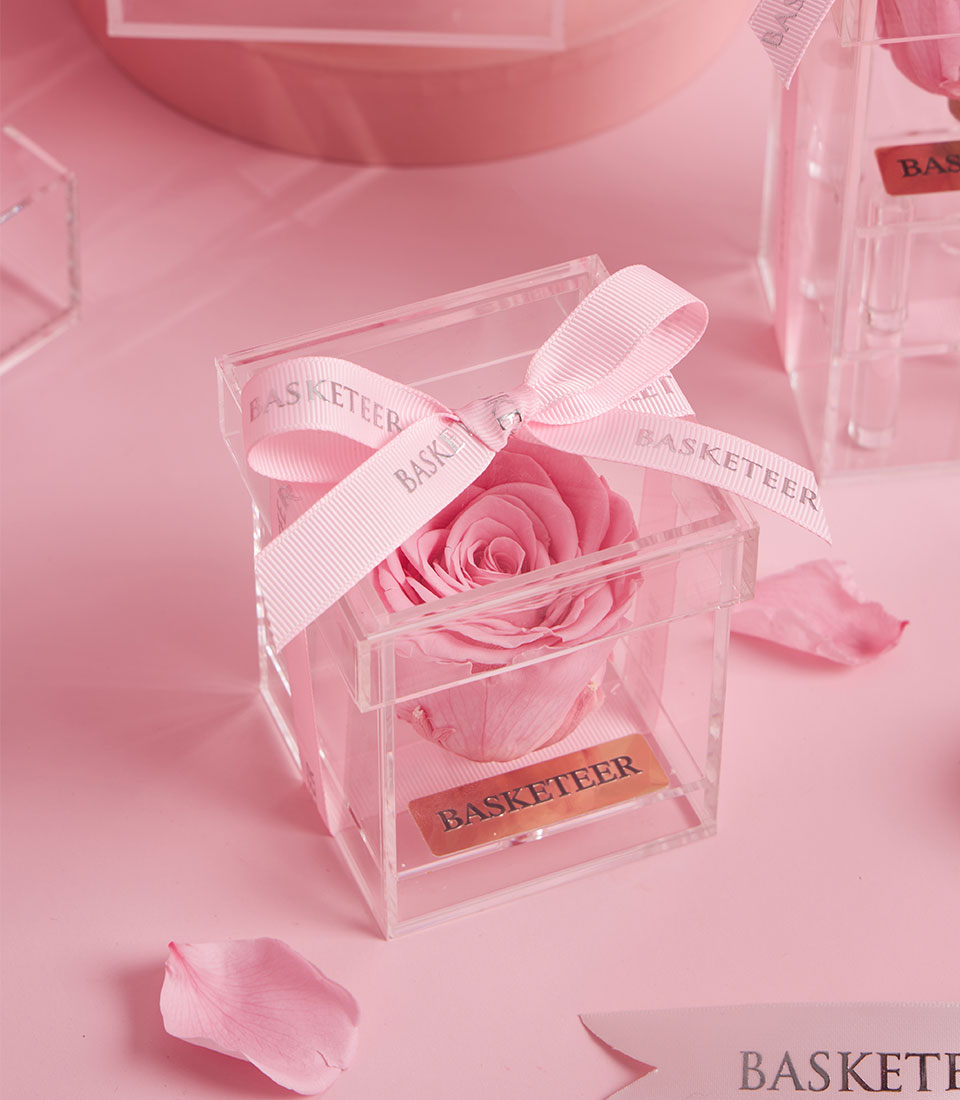 Elegant pink preserved roses in a clear acrylic box, Valentine gift with Bangkok delivery