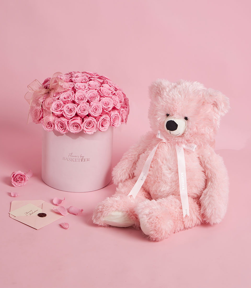 Elite pink preserved roses in a round Valentine box with gentle teddy bear, Bangkok delivery