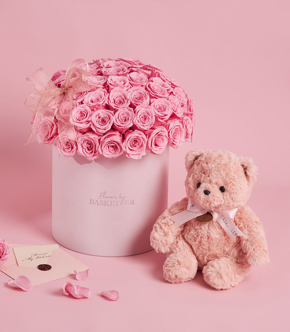 Exclusive pink preserved roses in a round Valentine box with teddy bear, Bangkok delivery
