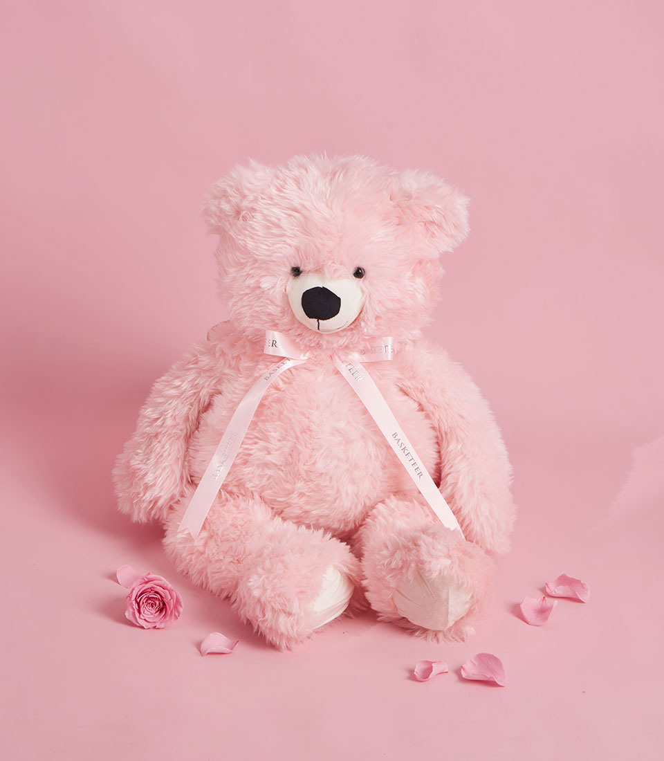 Gentle pink teddy bear Valentine gift with ribbon, Bangkok delivery