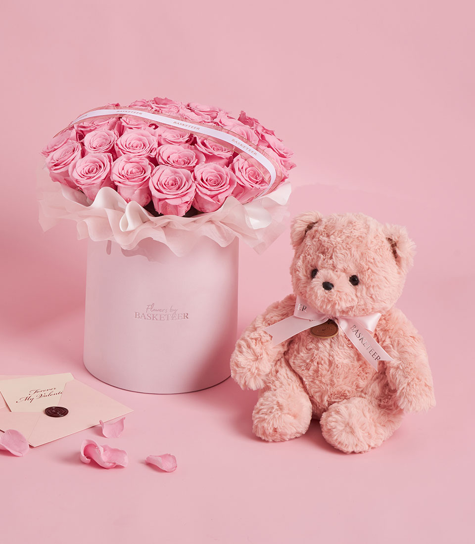 Grand pink preserved roses in a round Valentine box with teddy bear, Bangkok delivery