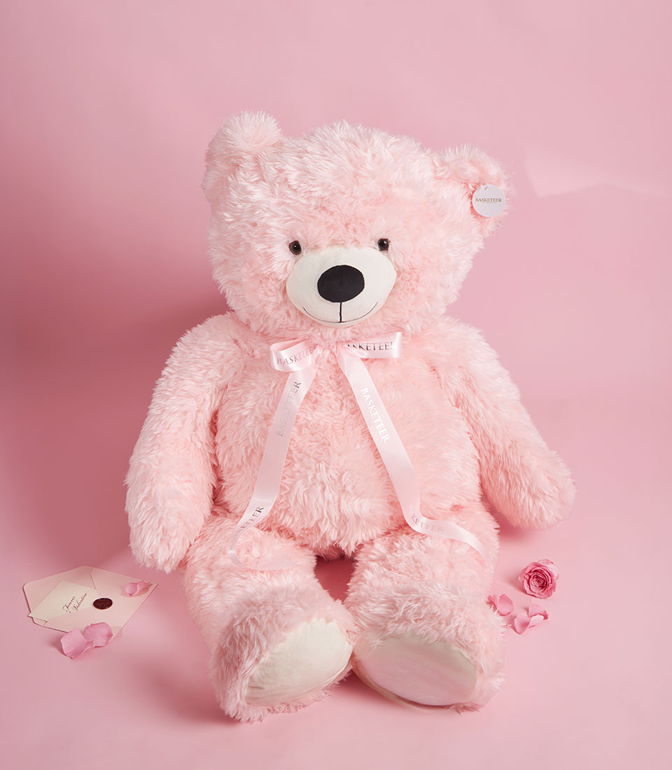 Jumbo gentle pink teddy bear Valentine gift with ribbon, Bangkok delivery