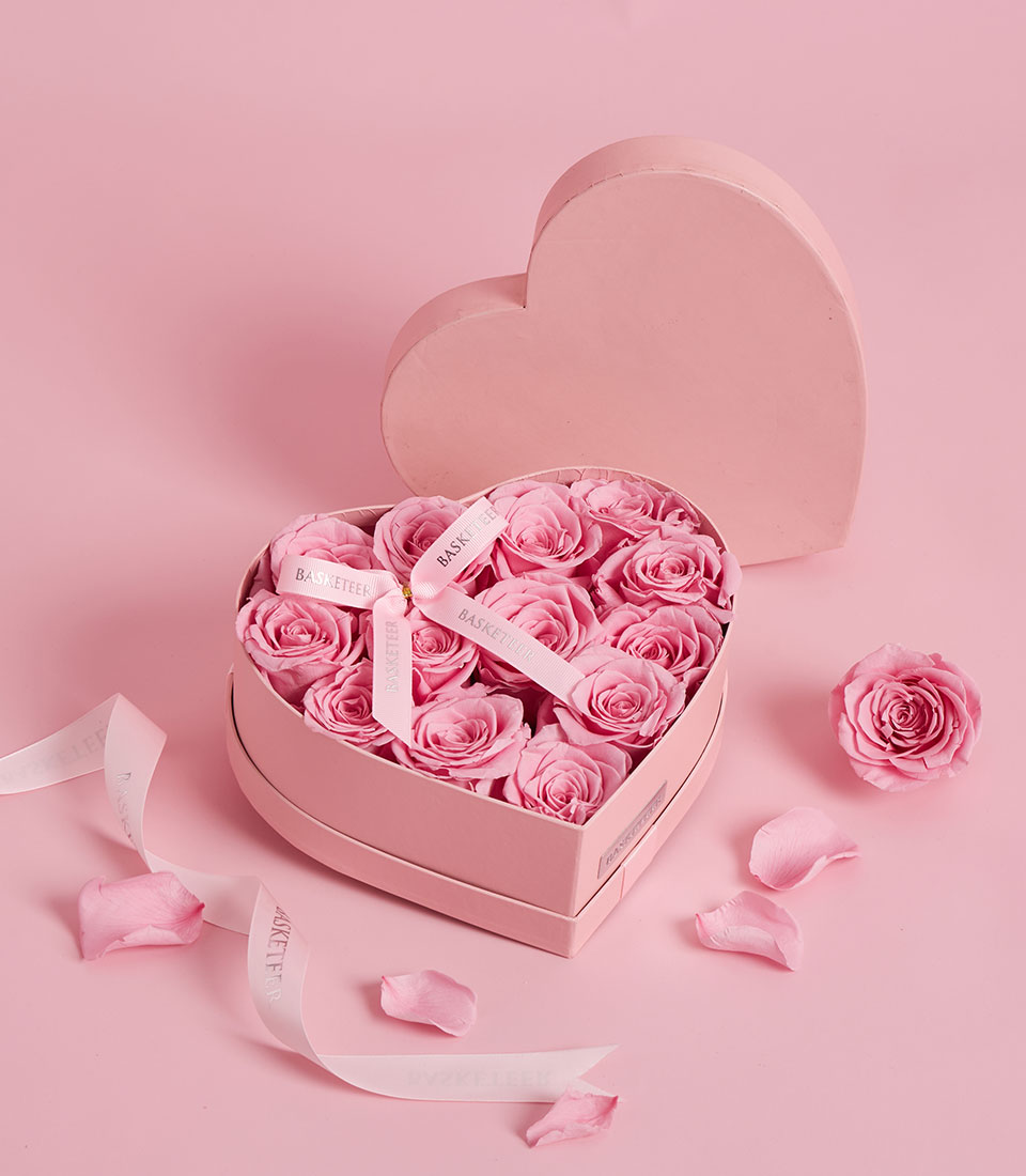 Luxury pink preserved roses in a heart-shaped Valentine box, Bangkok delivery