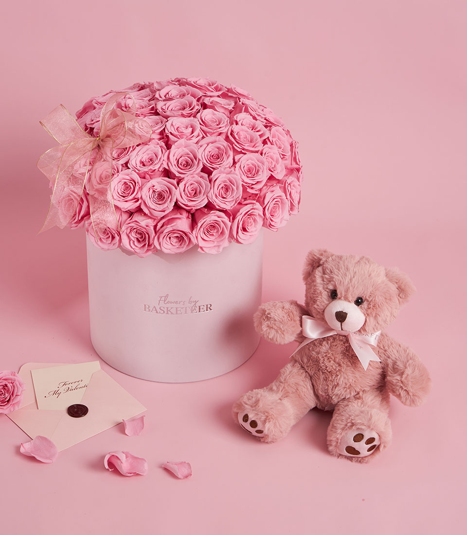 Prestige pink preserved roses in a round Valentine box with teddy bear, Bangkok delivery