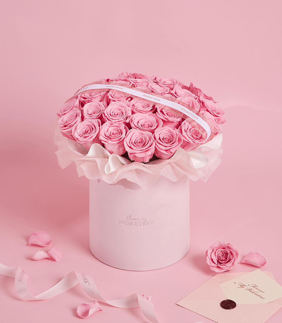 Refined pink preserved roses in a round Valentine box, Bangkok delivery
