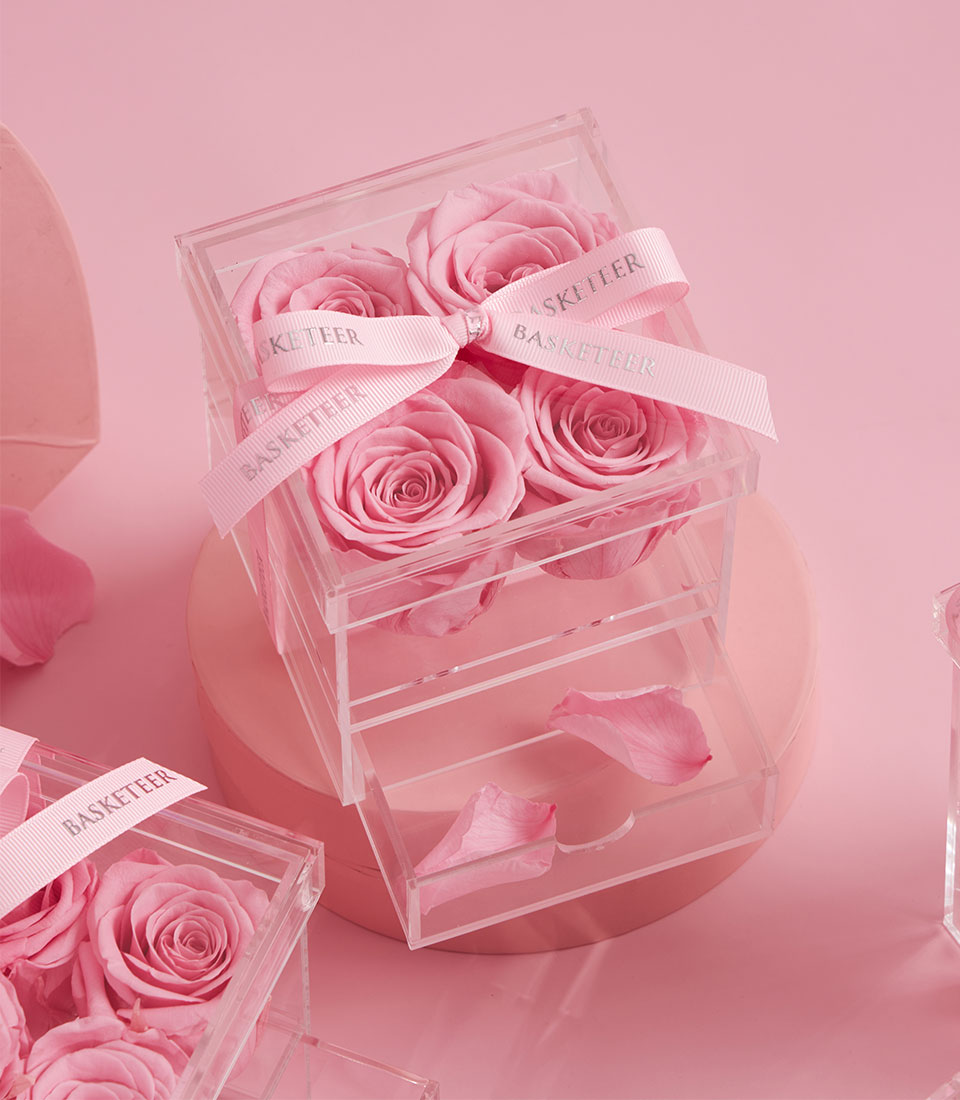 Romantic pink preserved roses in a clear acrylic box, Valentine gift with Bangkok delivery