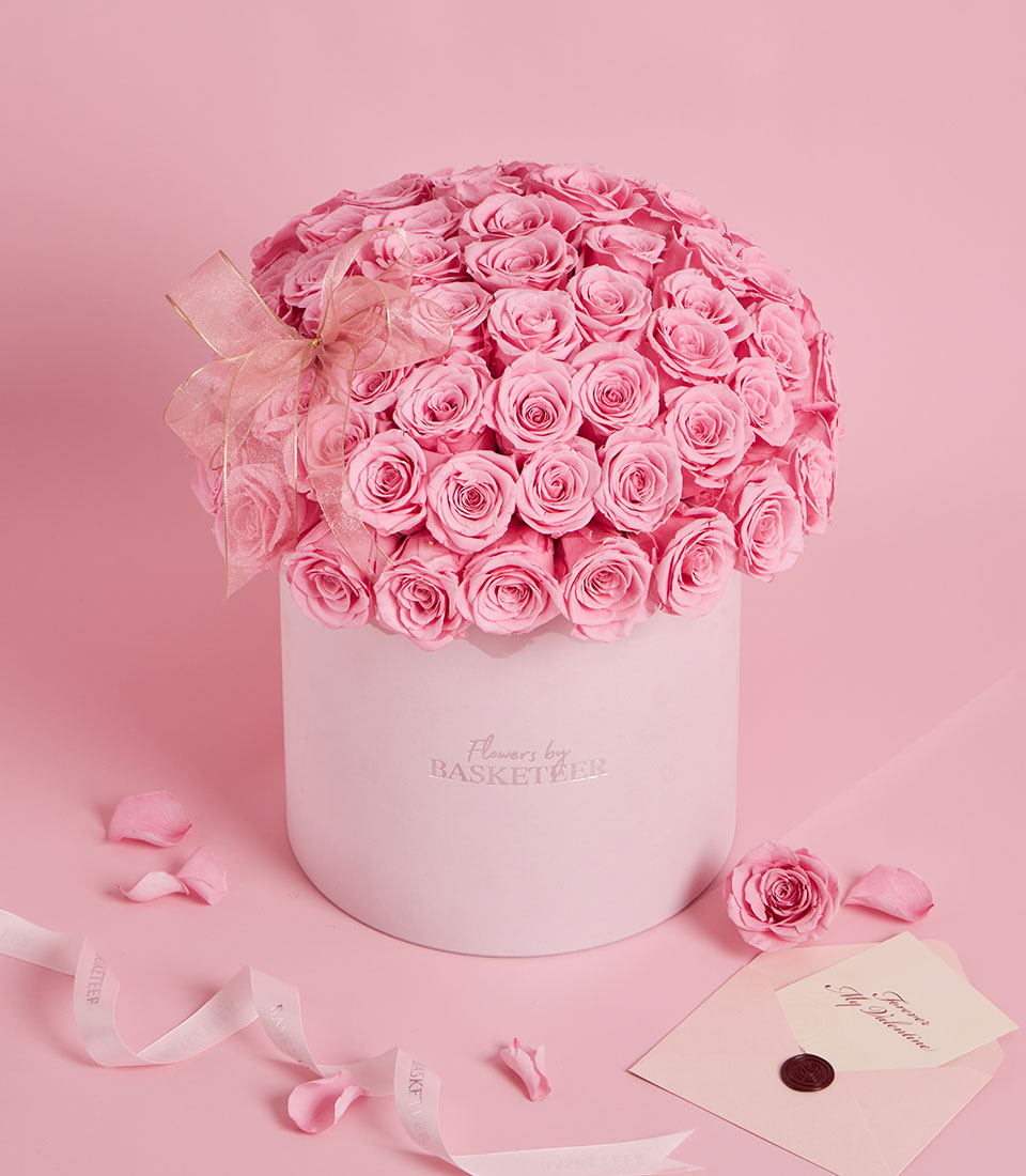 Signature pink preserved roses in a round Valentine box, Bangkok delivery