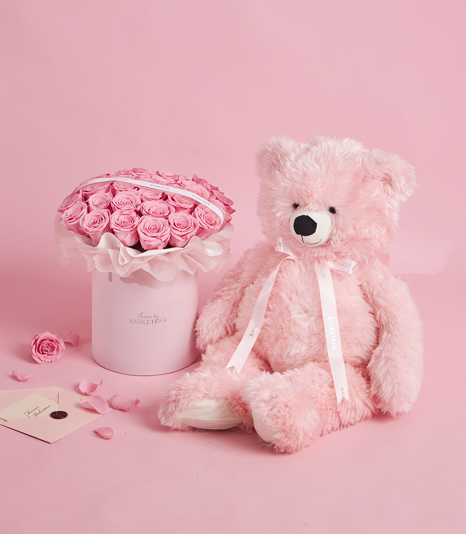 Ultimate pink preserved roses in a round Valentine box with teddy bear, Bangkok delivery
