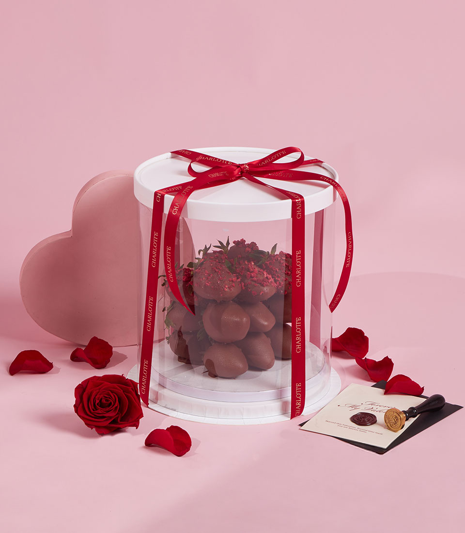 Dark chocolate-covered strawberries by Charlotte in an acrylic Valentine gift box, Bangkok delivery