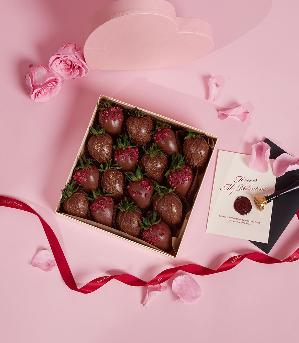 Dark chocolate-covered strawberries by Charlotte in a Valentine gift box, Bangkok delivery