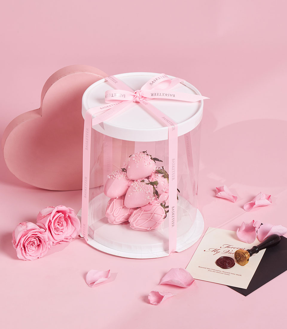 Pink chocolate-covered strawberries by Charlotte in an acrylic Valentine gift box, Bangkok delivery