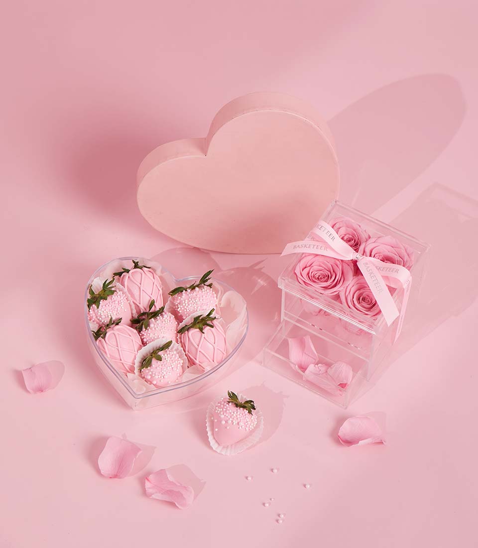 Pink chocolate-covered strawberries and preserved rose Valentine gift set by Charlotte, Bangkok delivery