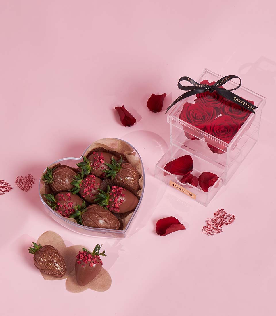 Dark chocolate-covered strawberries and red preserved rose Valentine gift set by Charlotte, Bangkok delivery