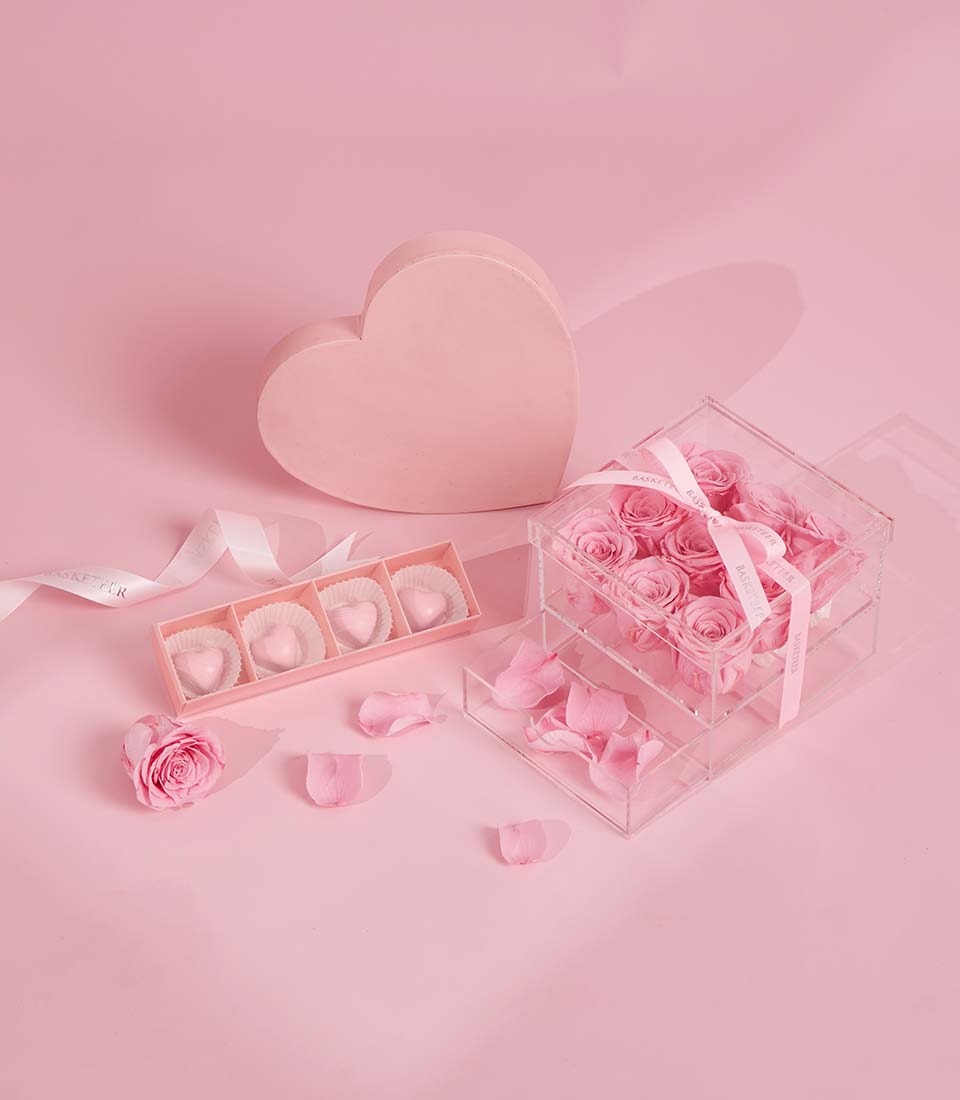 Pink raspberry passion bonbons and preserved rose Valentine gift set by Charlotte, Bangkok delivery
