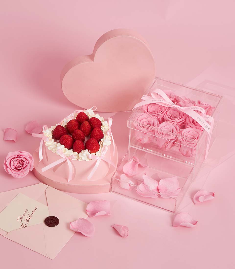Sweet heart fresh strawberry cake and preserved rose Valentine gift set by Charlotte, Bangkok delivery