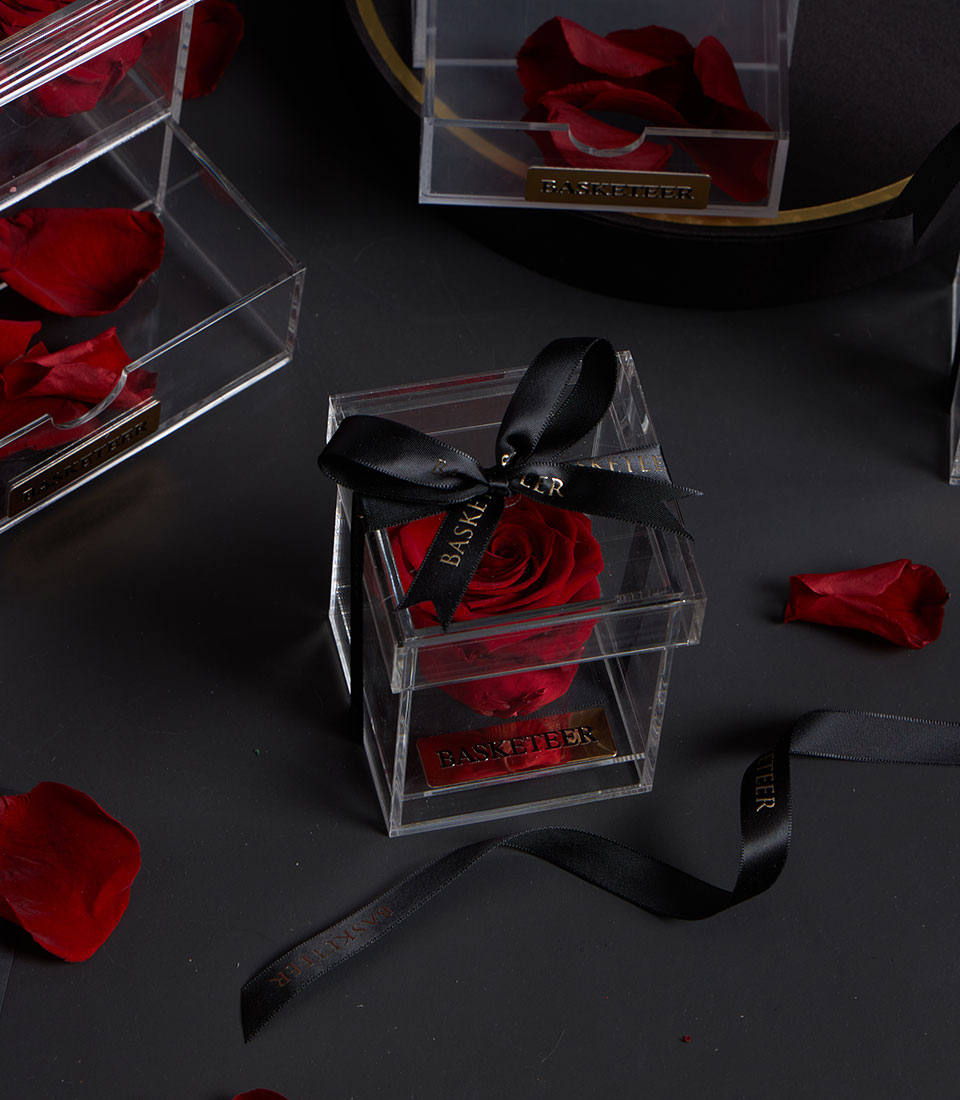 Elegant single red preserved rose in acrylic box Valentine gift Bangkok delivery