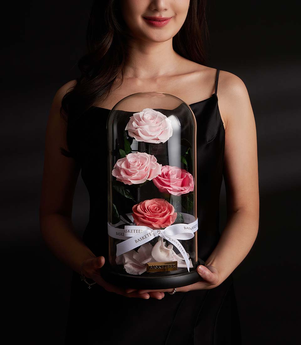 Four eternal pink roses in a glass dome Valentine gift, Bangkok delivery