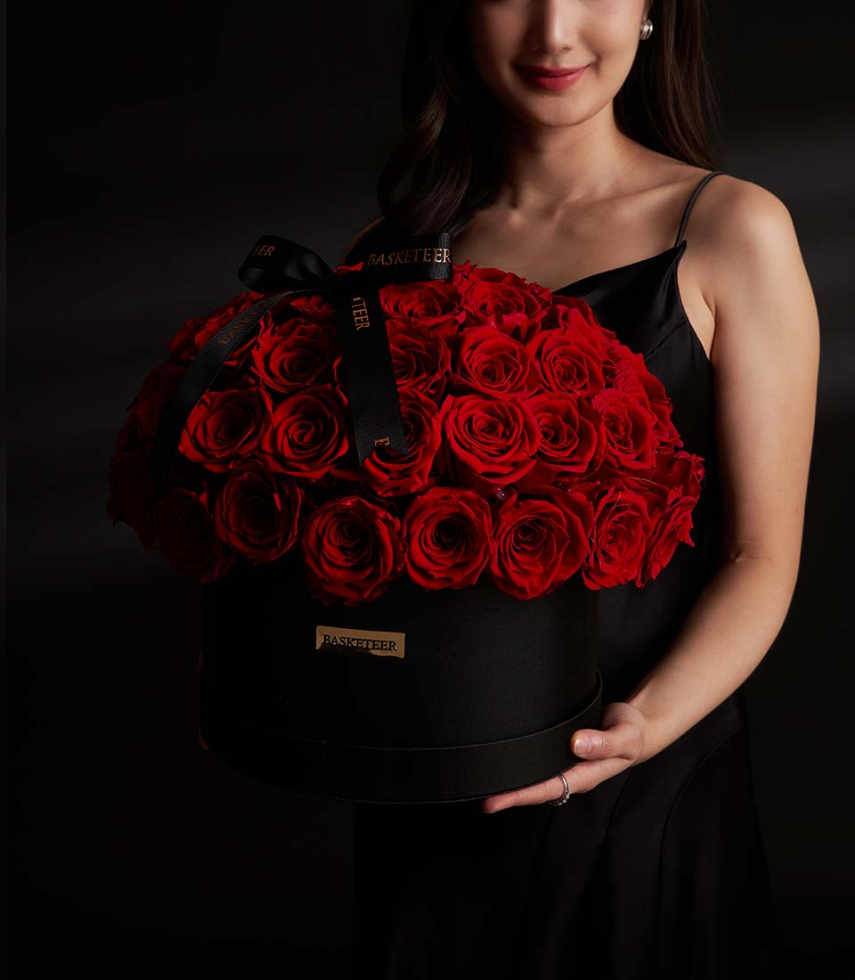 Grand red preserved roses round box Valentine gift, Bangkok delivery