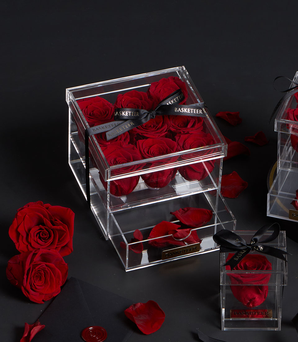Red preserved roses 9 pcs in an acrylic box Valentine gift, Bangkok delivery