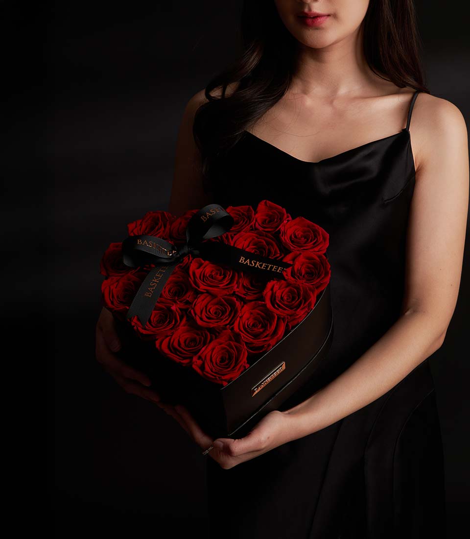 Red preserved roses heart box Valentine gift, Bangkok delivery