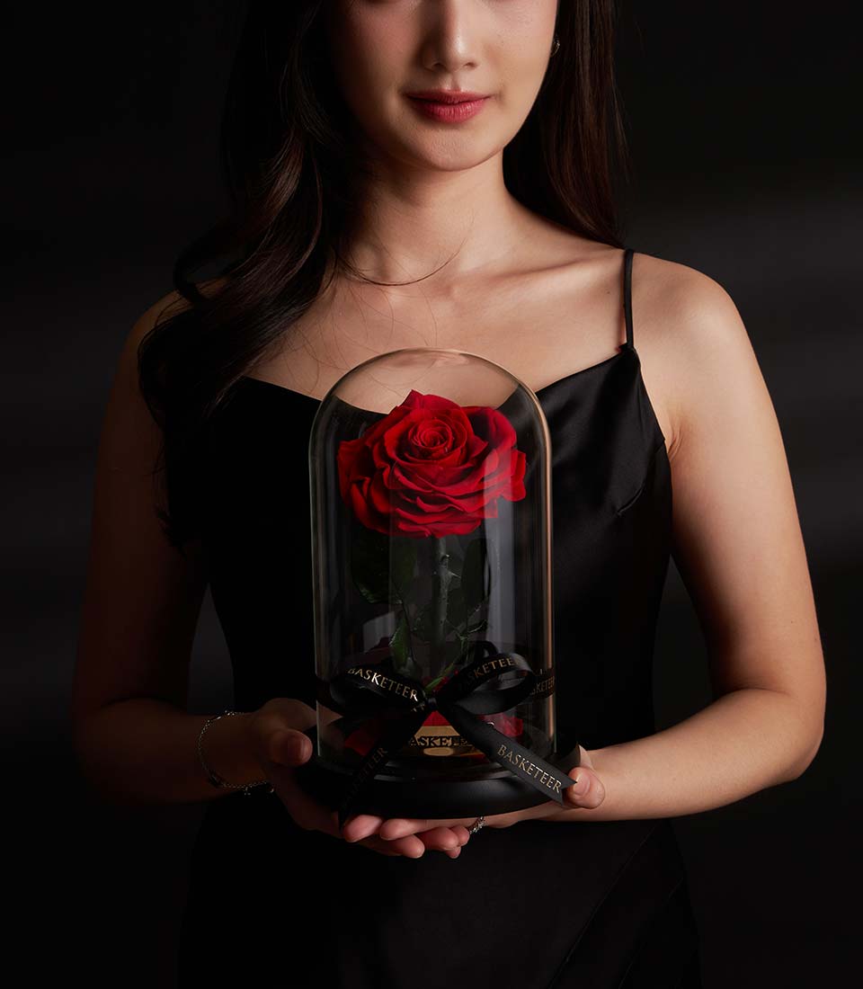 Single red preserved rose in a glass dome Valentine gift, Bangkok delivery