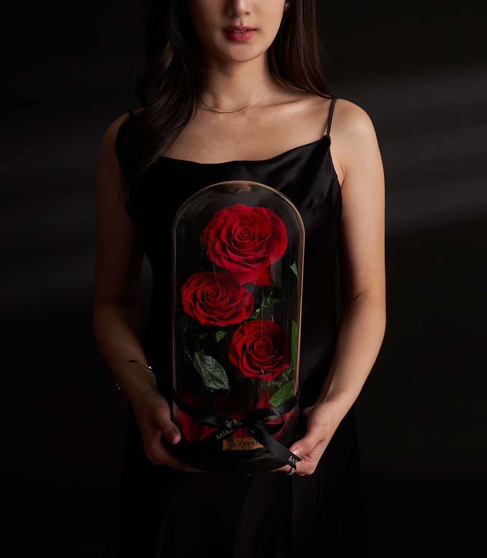 Three preserved roses in a glass dome Valentine gift, Bangkok delivery
