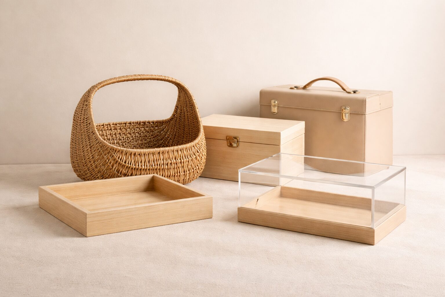 A group of storage containers, including a woven basket, a beige suitcase, a wooden box with a catch, an open wooden tray, and a wooden display case with a clear lid, arranged on a neutral background.