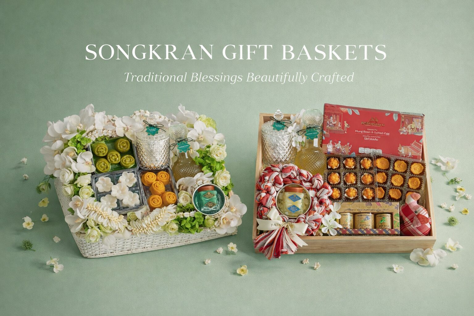 Traditional Songkran gift baskets featuring Thai desserts and ceremonial items beautifully arranged for Thai New Year gifting.