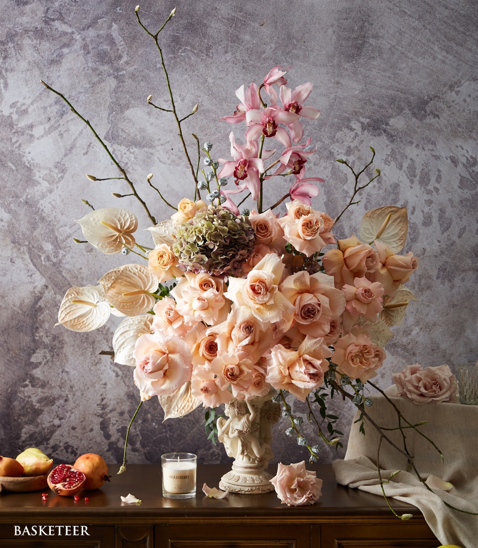 Peach rose bouquet with hydrangea and soft neutral flowers in elegant arrangement Bangkok delivery