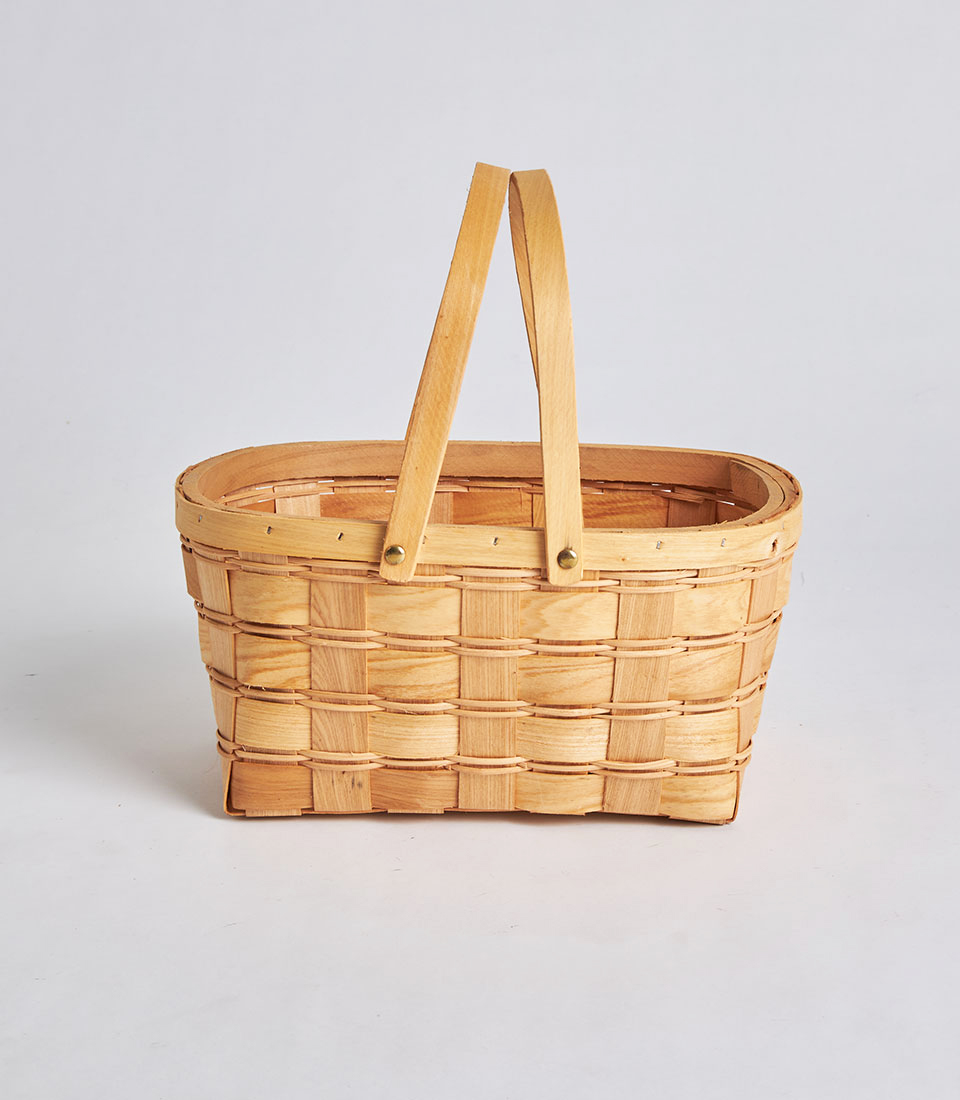 Front view of classic wooden picnic style gift basket SKU BK-349