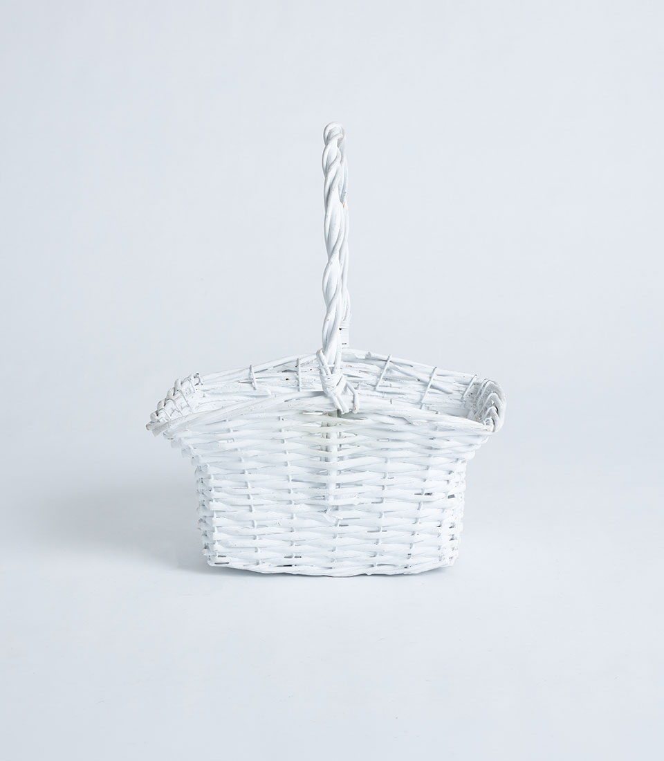 Front view of elegant white woven gift basket SKU BK-089