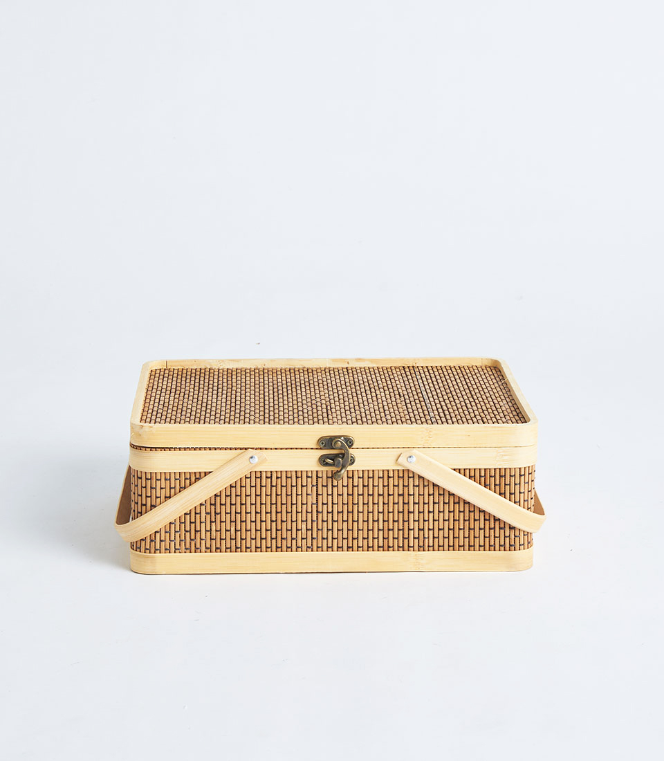 Front view of handcrafted rectangular bamboo gift box with lid SKU BK-507