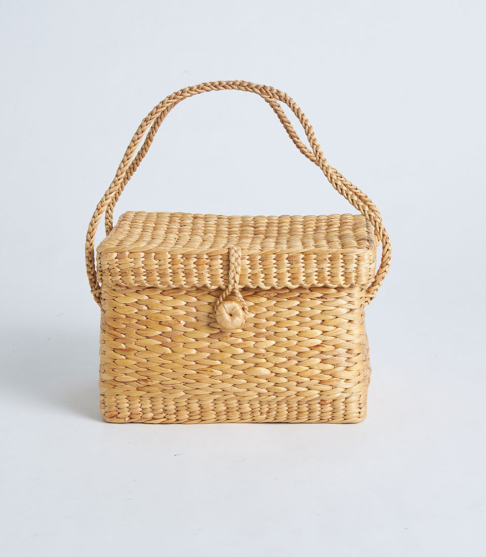 Front view of handcrafted water hyacinth box bag with lid SKU BK-490