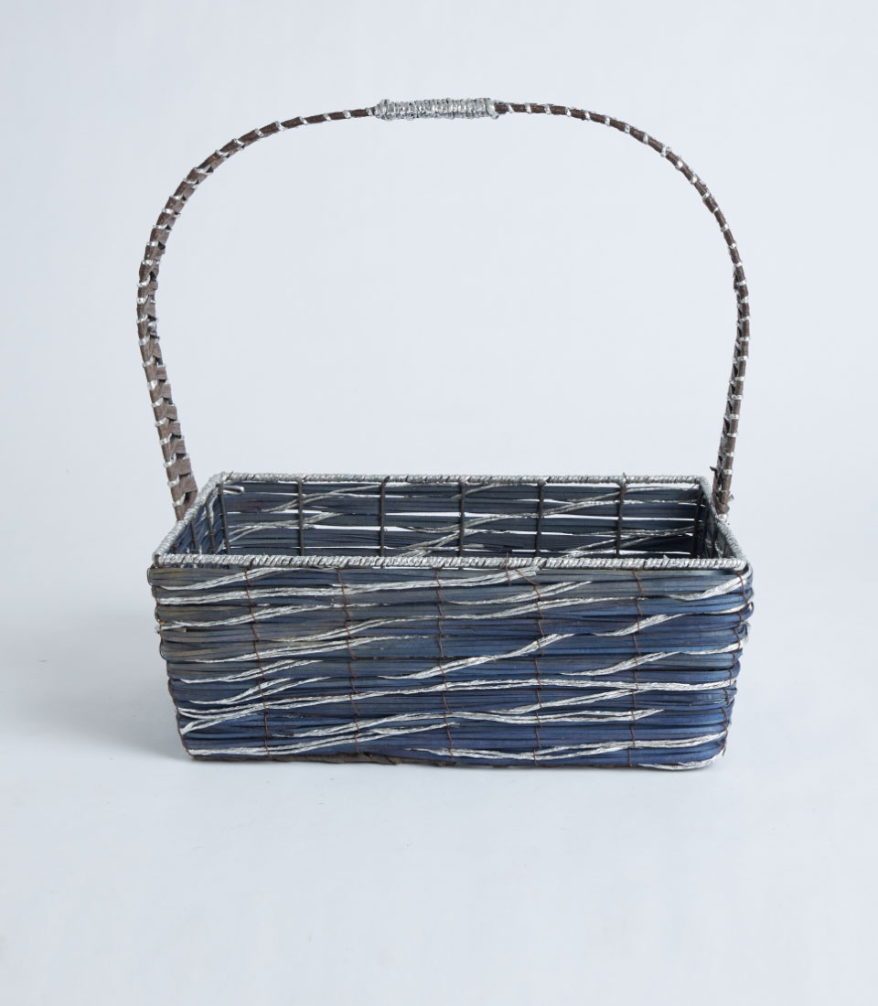 Front view of modern blue woven gift basket SKU BK-327