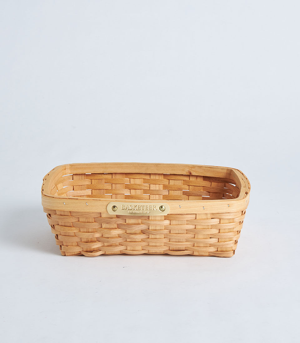 Front view of rectangular wooden woven tray SKU BK-362