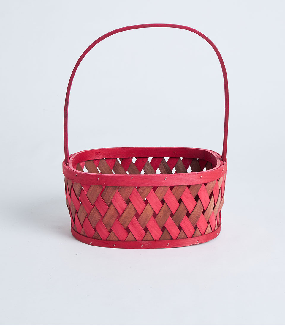 Front view of vibrant red and brown woven gift basket SKU BK-346