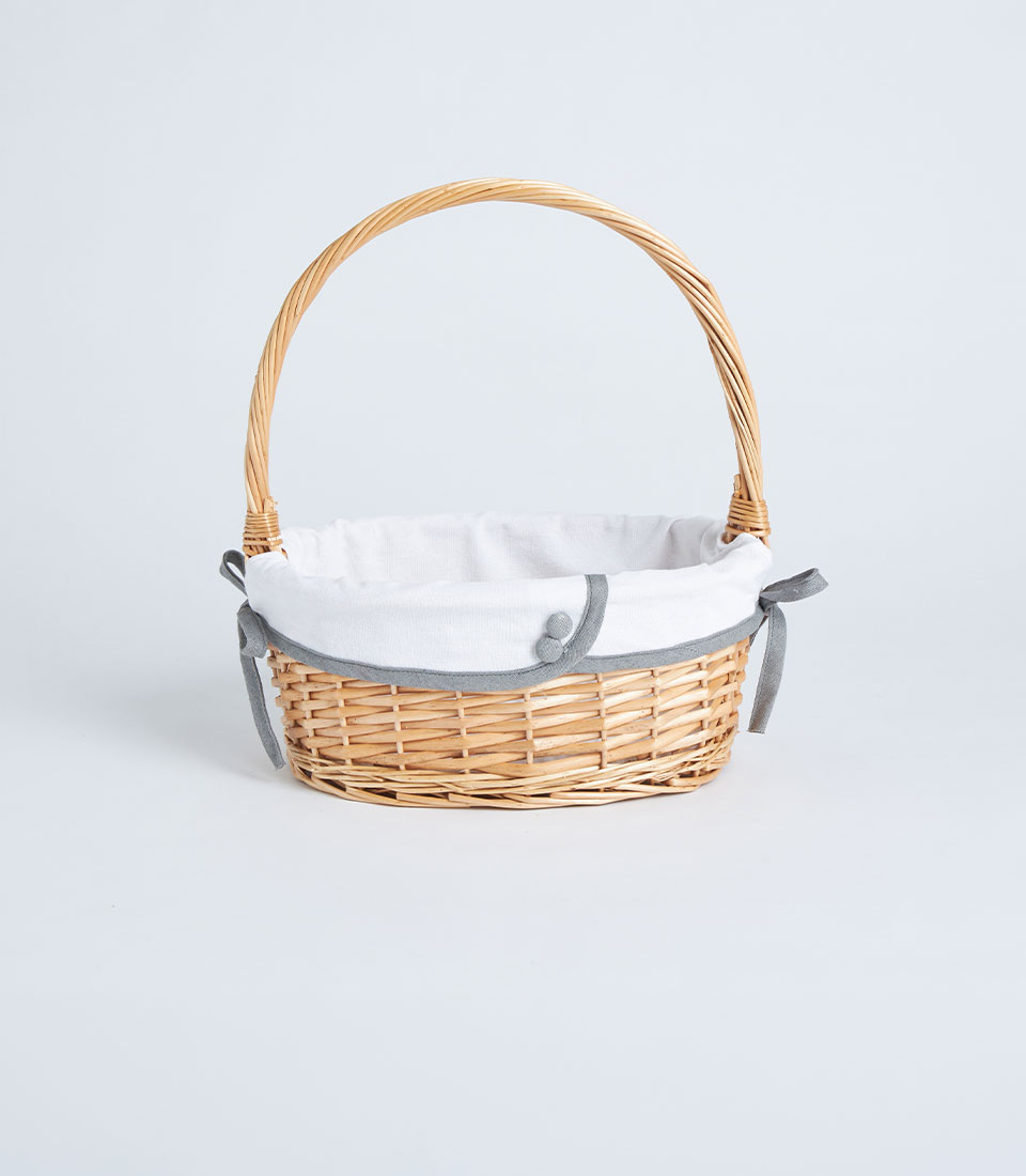 Oval light beige wicker basket with white lining and grey ribbon BK-523