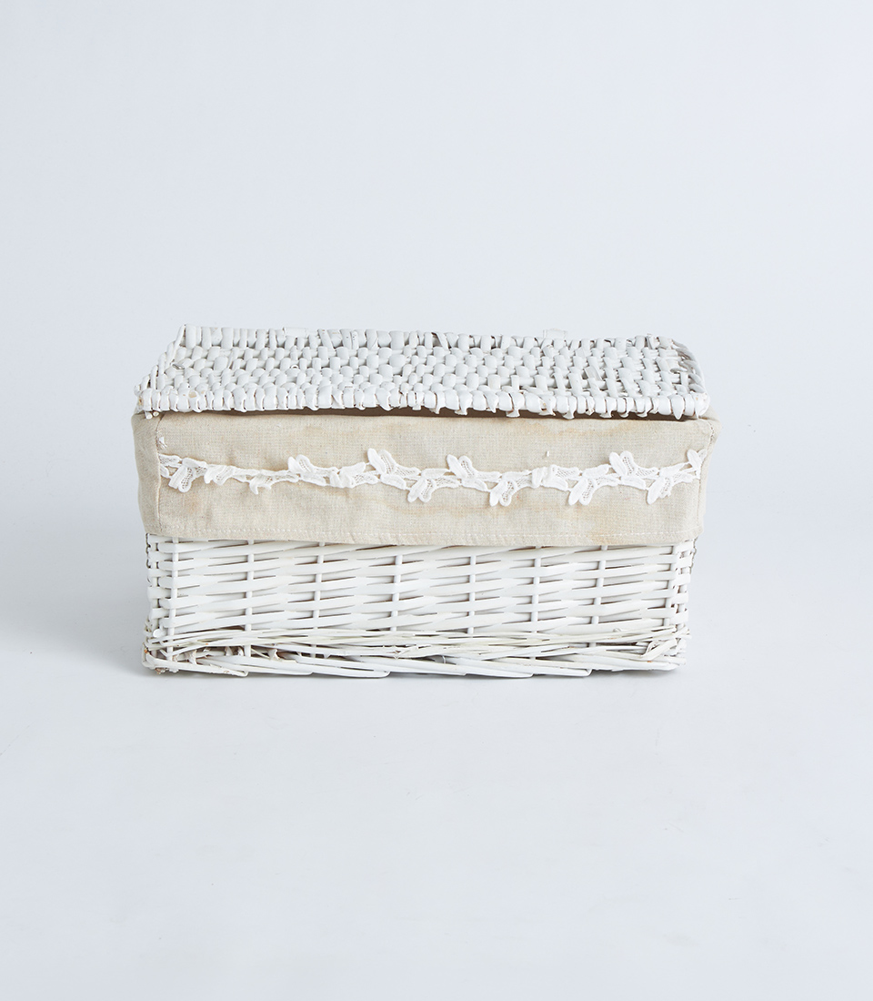 White wicker rectangular basket with lid and lace detail BK-100