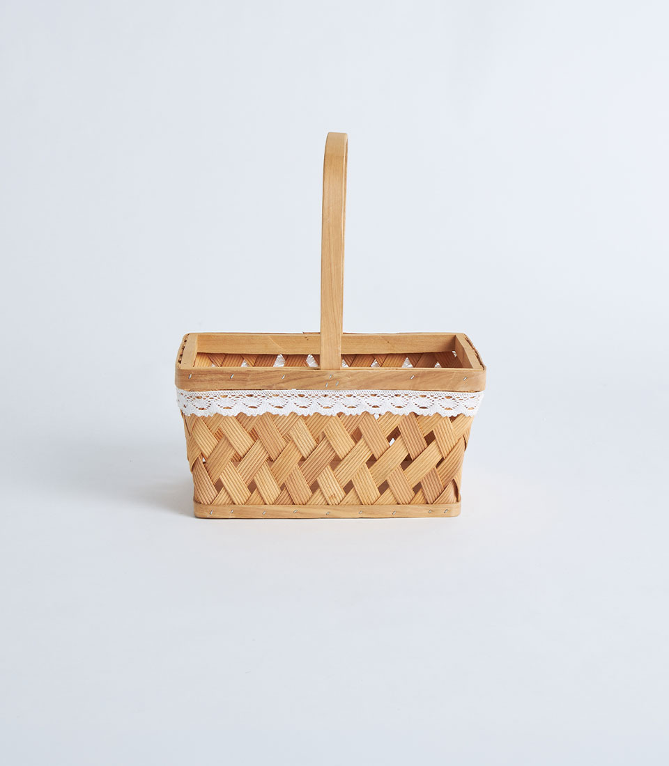 Mini bamboo basket with tall handle and lace trim BK-347