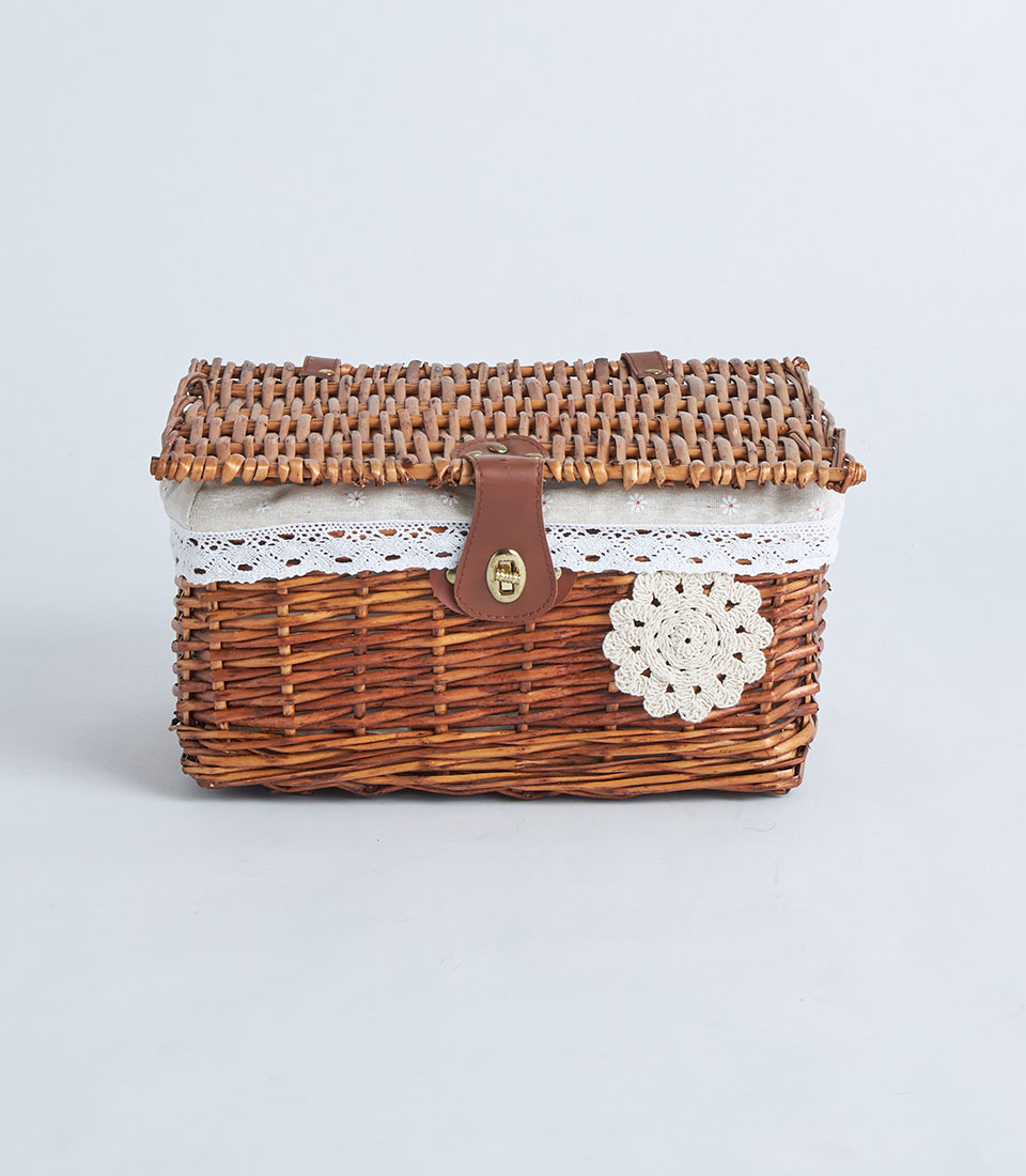 Front view of brown wicker chest basket with lid and lace lining BK-076