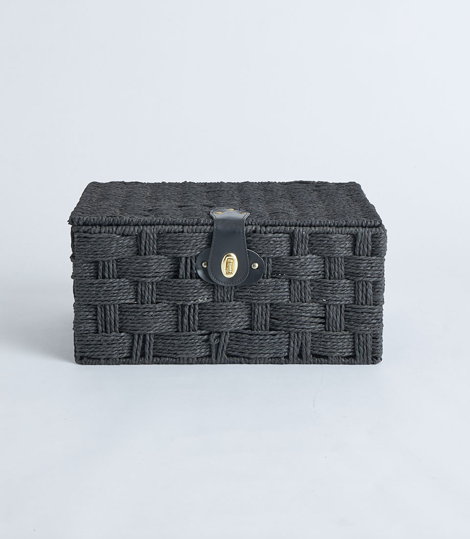 Front view of black wicker box with leather strap BK-459