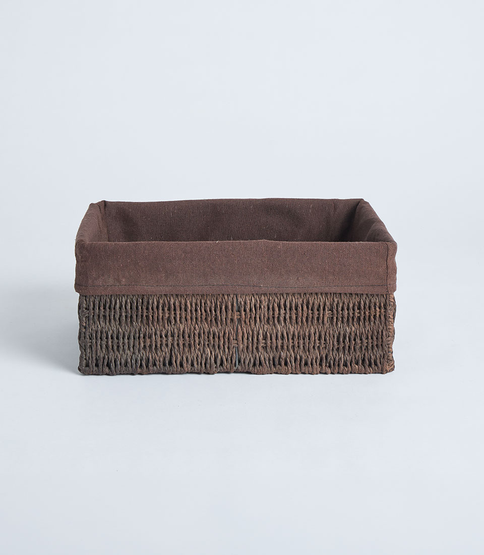 Front view of dark wicker basket with brown fabric liner BK-463