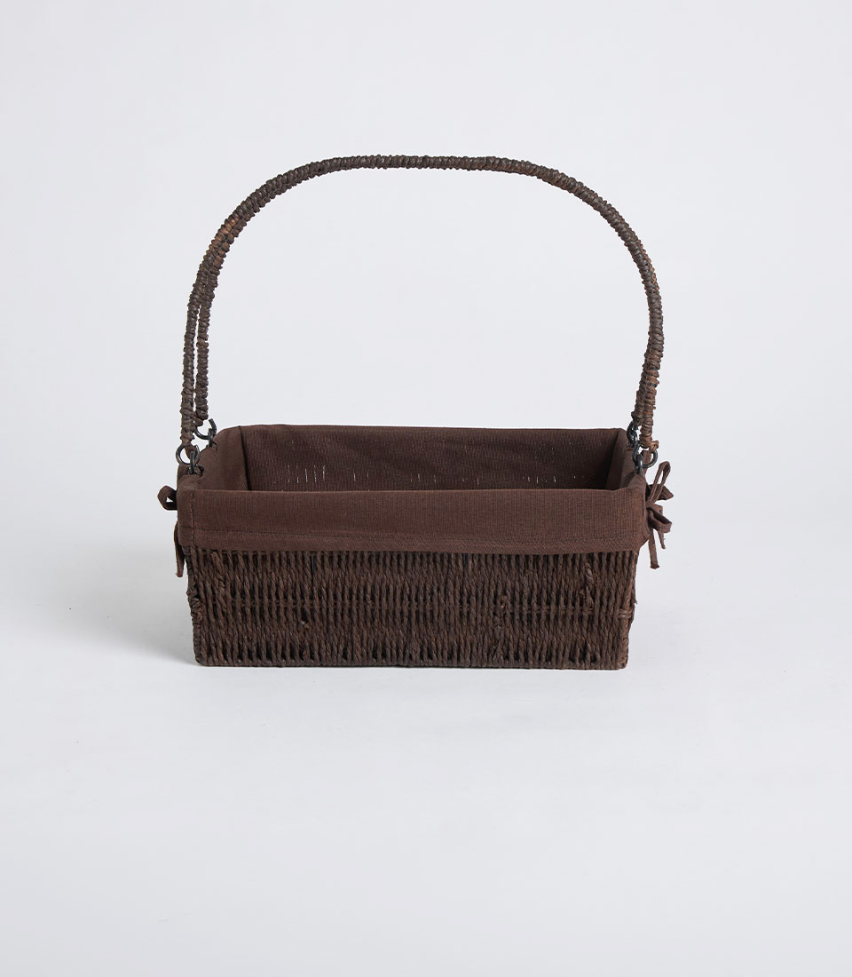 Front view of dark wicker basket with handle and brown fabric liner BK-468
